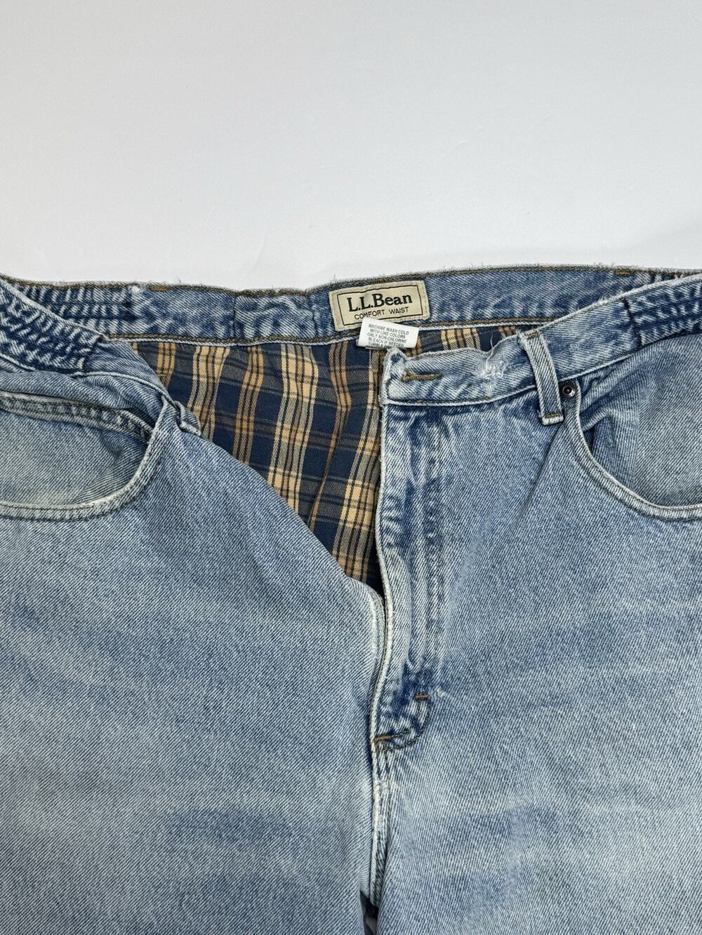 LL Bean Double L Comfort Waist Flannel Lined Jeans Mens 38x30 Distressed Plaid
